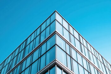 modern glass building corner with reflective windows under clear blue sky conveying sleek and contemporary architectural design
