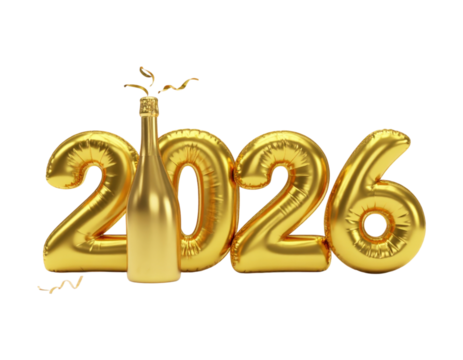 A 3D New Year celebration kit, 2026 gold text, champagne bottle, isolated on transparent background, PNG