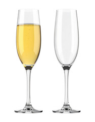 A set of 3D champagne flutes, one full, one empty, isolated on transparent background, PNG