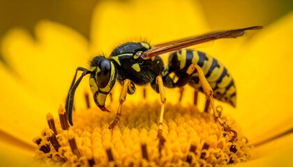 Close-up macro photograph of a wasp perched on a bright yellow flower, showcasing detail