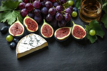 Close-up of fresh figs, blue and green grapes, creamy blue cheese wedge, and a glass of amber drink on dark surface surrounded by grapevine leaves