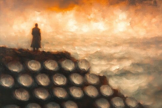 Silhouette of a person standing on a rocky shore looking out over a misty, glowing sea under an orange sky, evoking solitude and contemplation - Powered by Adobe