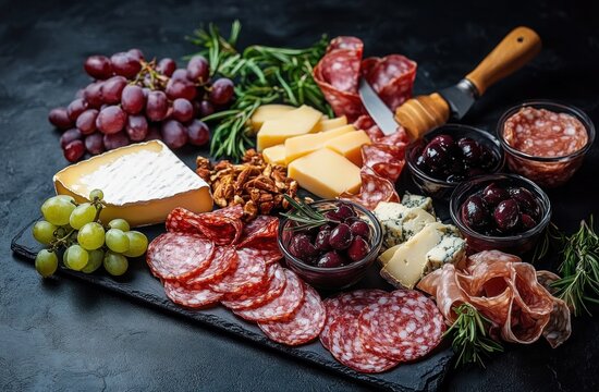 Assorted charcuterie board with various sliced cured meats, several types of cheese, green and red grapes, olives, nuts, and fresh rosemary on dark slate and black background - Powered by Adobe