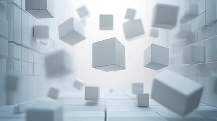 Obraz premium floating gray cubes of various sizes in a bright abstract space with a grid-like background, creating a sense of depth and motion
