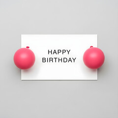 Minimalist happy birthday card with pink balloons on a clean gray background