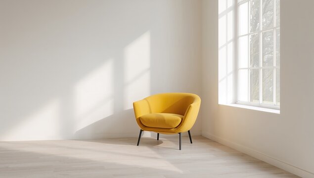 A yellow armchair in a sleek, minimalist setting, ideal for a modern aesthetic,