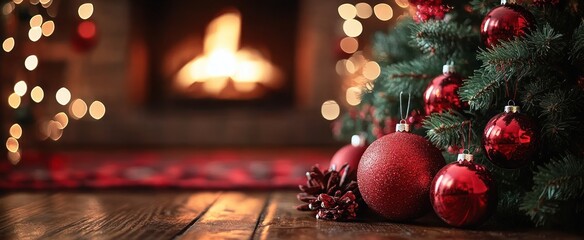 Close-up of red Christmas baubles and pine cones on a decorated evergreen tree with warm fireplace and festive lights in the background, creating a cozy holiday atmosphere