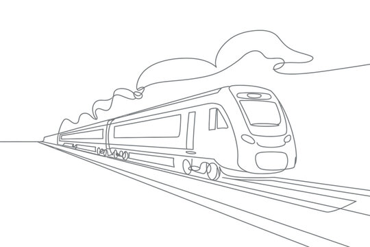 Modern high speed train moving on the railway tracks with smoke in a minimalist one line drawing style