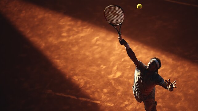 Tennis player serving on clay court, racket raised to hit ball - Powered by Adobe