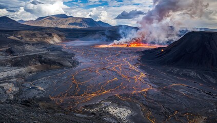 Fototapeta premium Aerial view of a flowing lava river, showcasing volcanic activity and geological transformation