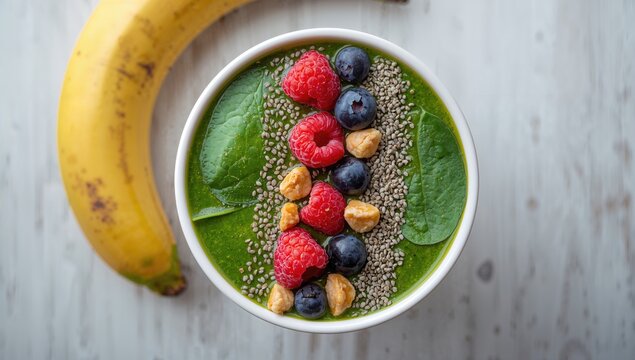Detox Green Smoothie Bowl with Banana, Spinach, Seeds, and Berries, Fiber-Dense Choice