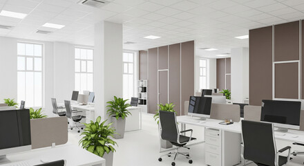 Modern office interior with workstations, plants, and bright lighting