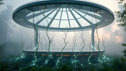 Glass dome ceiling structure with curved steel lines and transparent panels, symbolizing innovation and modern architectural engineering