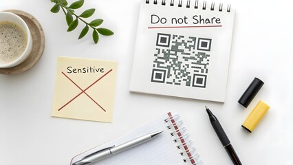A crossed out sensitive note and QR code in a workspace