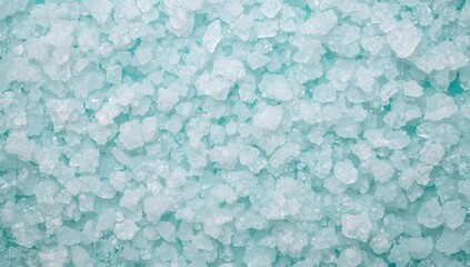 Close-up of magnesium flakes on a turquoise background, salt crystal texture, beneficial for wellness and relaxation