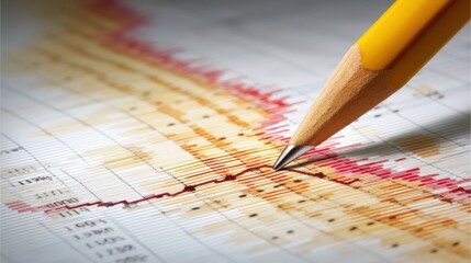 Close-up View of a Yellow Pencil on an Electrocardiogram Chart With Colorful Graphs, Financial Data, and Numerical Values for Data Analysis