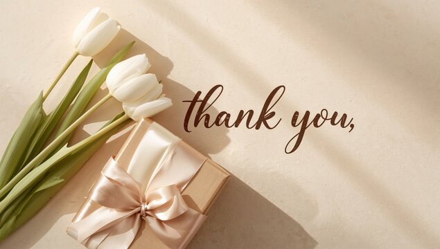 White tulips in a tasteful gift box with a ribbon and a 'thank you' note, ideal for expressing gratitude - Powered by Adobe
