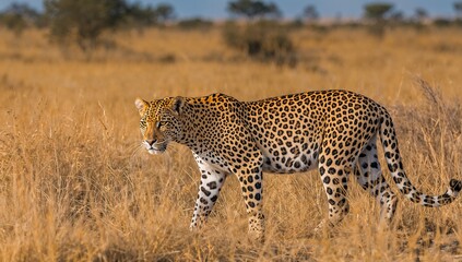 Naklejka premium A leopard stalking its prey in the grasslands of the Kalahari Desert, showcasing hunting behavior