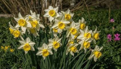 Obraz premium A vibrant cluster of daffodils with white petals and yellow centers flourishing in a green garden, seasonal change
