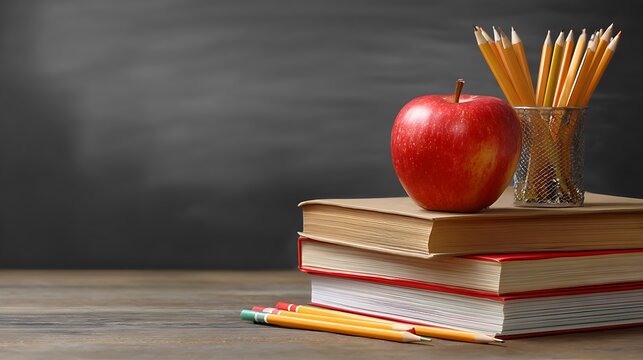 Apple on stack of books with pencils isolated on the black background