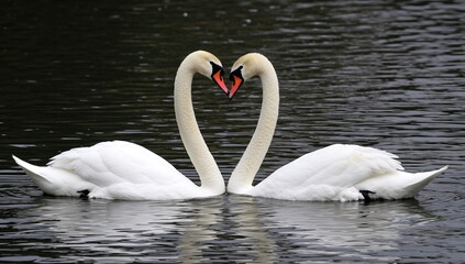 Naklejka premium Two swans intertwine necks to create a heart shape amid their courtship rituals.