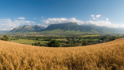 Obraz premium Wide-angle view of undulating hills and ripe wheat stretches with distant mountain range in the background