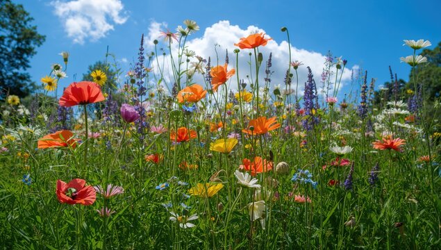 Colorful wildflowers serving as a vibrant backdrop, ideal for text or layout design