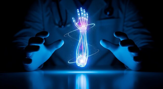 Medical professional analyzing a futuristic holographic projection of a human arm and hand anatomy.