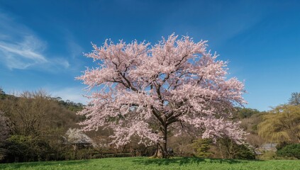 Naklejka premium Somei Yoshino cherry tree in bloom, seasonal change