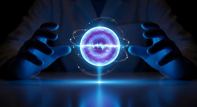 Human hands controlling a glowing sphere of futuristic energy.