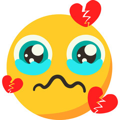 Yellow smiley face emoji with large blue eyes and tears crying broken hearts surrounding it with a wavy mouth on a transparent background representing sadness and heartbreak emotional pain grief