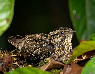 Close-up of a camouflaged bird resting on a mossy branch, amidst lush green foliage