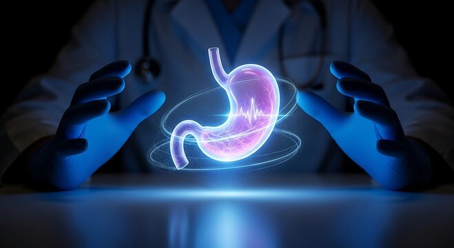 Futuristic medical concept with a doctor examining a glowing virtual stomach hologram.