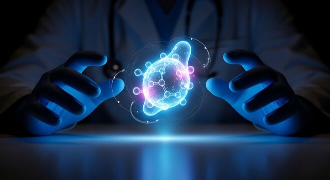 Futuristic medical technology concept with a doctor examining a glowing cell hologram.