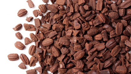 Obraz premium Cacao nibs, broken cocoa bean pieces viewed from above, fiber-dense choice