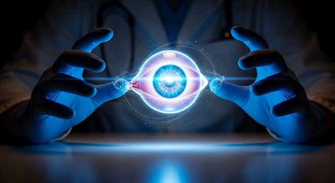 Doctor holding a glowing holographic human eye for futuristic medical diagnosis and ophthalmology research.