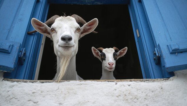 A close-up view of a white mother goat with prominent horns and her black and white kid gazing out an open window, showcasing familial connection