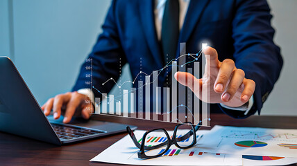 Business professional analyzing financial growth with data visualization charts and graphs on a laptop screen
