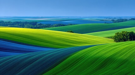 Vast Agricultural Fields Stretching Across Rolling Hills Under a Bright Blue Sky with a Distant Lake Reflecting Sunlight