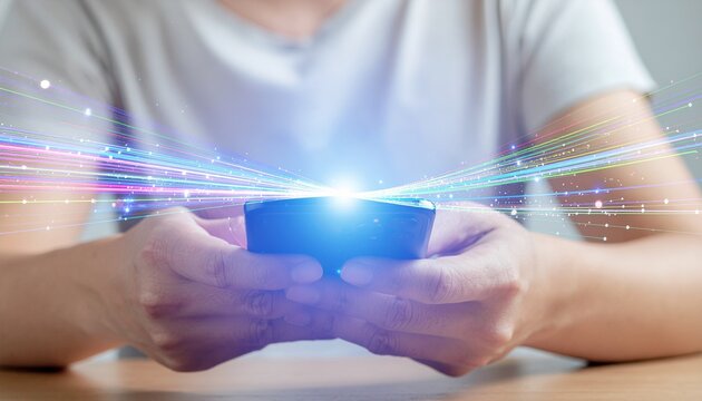 Immersive digital experience unfolds from smartphone in hands, radiating vibrant energy and endless possibilities for connection and innovation.