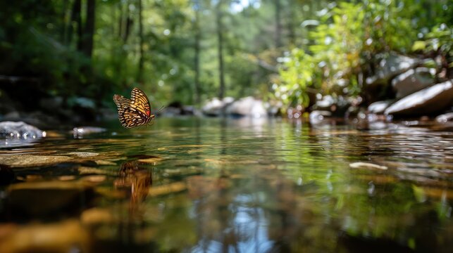 A butterfly fluttering above a clear stream in the woods, with the natural beauty of the forest and the reflections in the water creating a peaceful scene.