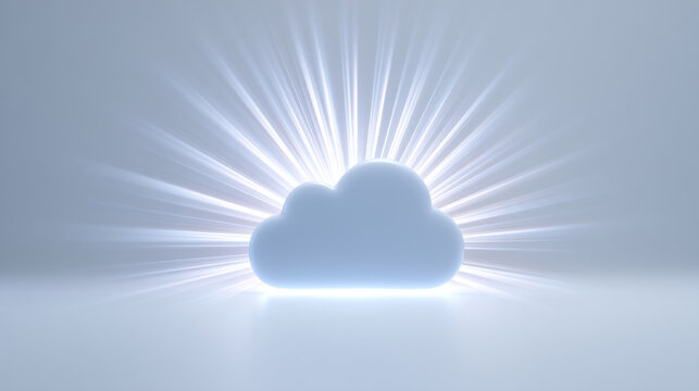 Cloud Data Access, A minimalist 3D abstract glowing rays emanating from a cloud icon towards stylized devices ,representing computers or users. Blue and white color palette. Clean white background.