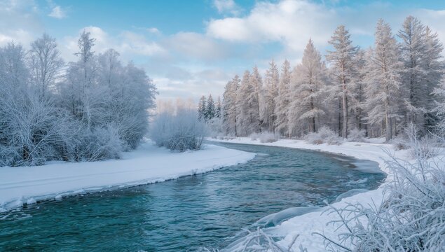 Vibrant winter scenery, flowing river amidst snow-covered trees, seasonal change