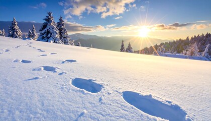 A snow-covered landscape with footprints, evergreen trees, and a radiant sun over mountains on a bright day