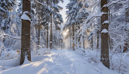 A stunning winter landscape with a snow-covered forest bathed in the rays of the sun, creating a feeling of cleanliness and peace. The image captures the beauty of frosty mornings and is perfect for n