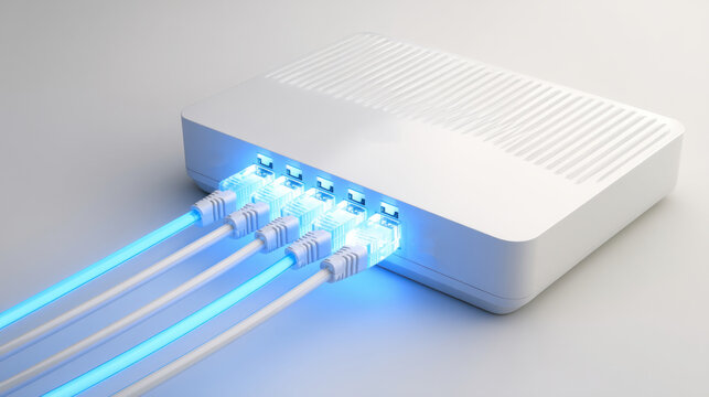 Router and Cables, A minimalist 3D modern network router with glowing blue network cables plugged. Suitable for a network hardware or internet service provider ad mockup. Isolated on pure white.