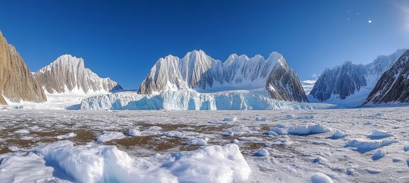 Majestic Arctic Landscape Glistening Glaciers and Jagged Peaks Beneath a Brilliant Blue Sky