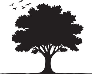 Silhouette of a majestic tree with birds flying in formation above
