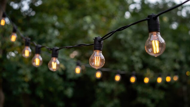 Outdoor decorative electric string lights with vintage bulbs hanging in a garden setting. Terrace ambiance with wired festoon bulbs for event decoration.