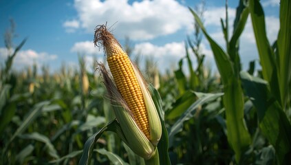 Corn growing on the stalk in the field, fiber-dense choice